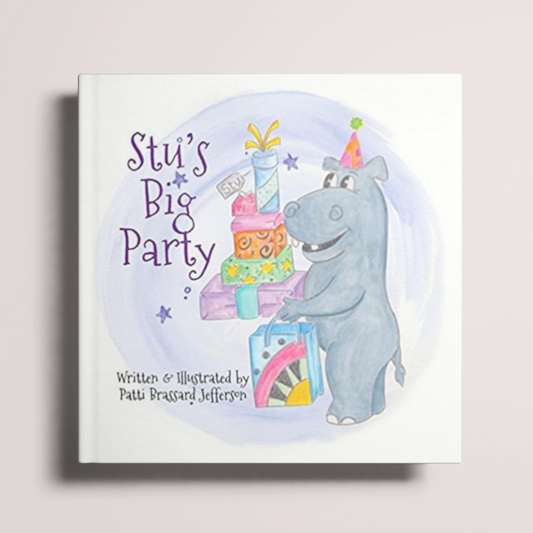 The cover of Stu's Big Party features an adorable hippo in a party hat carrying a large stack of gifts.