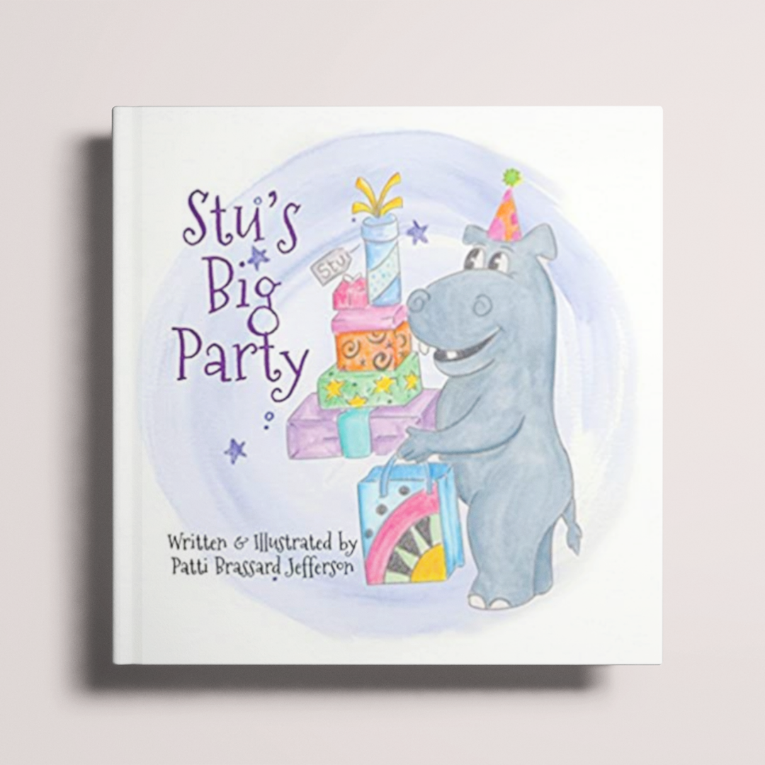 The cover of Stu's Big Party features an adorable hippo in a party hat carrying a large stack of gifts.