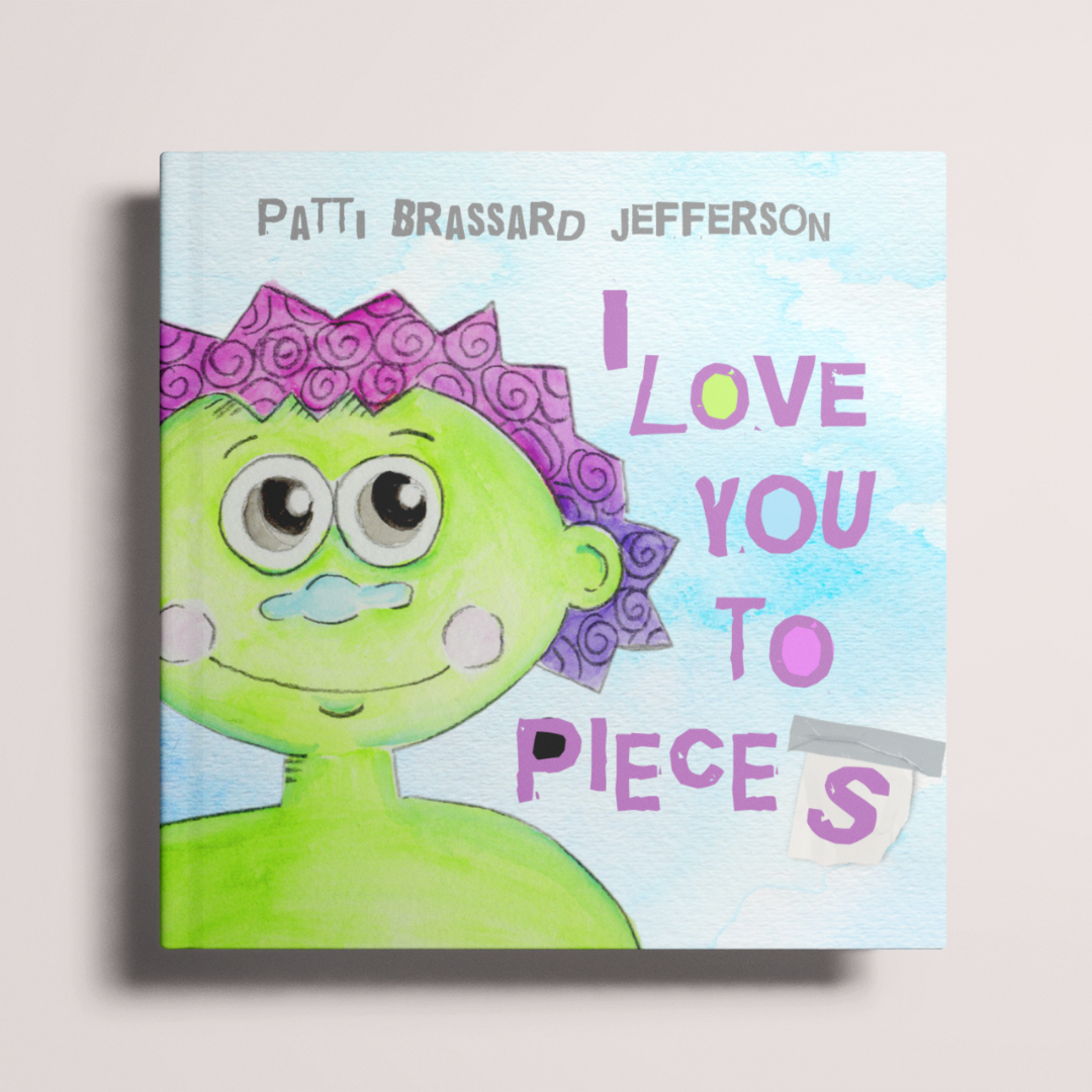 This is the cover of I Love You to Pieces by Patti Brassard Jefferson. It is an image of a cartoonish green character with swirly, spiked purple hair.